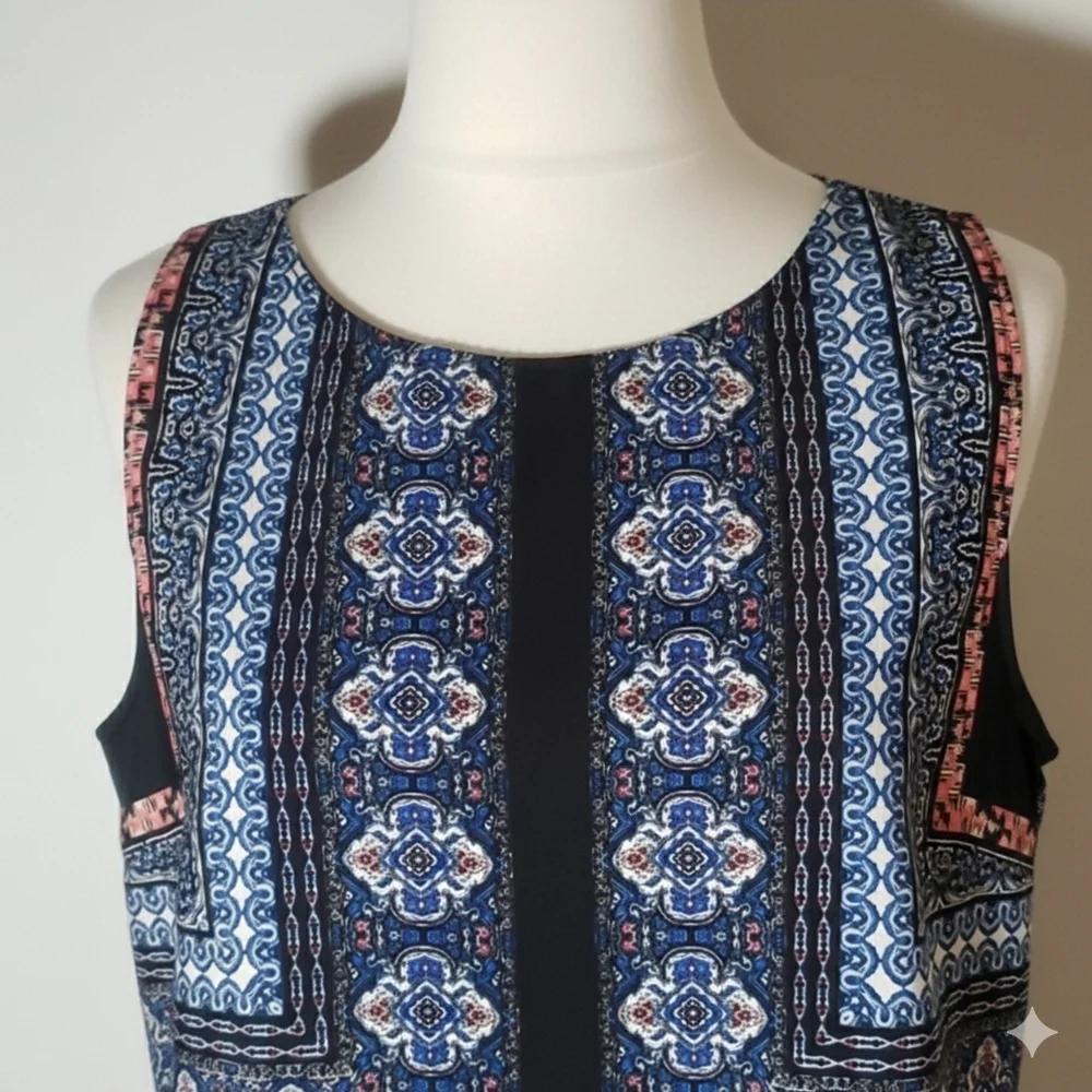 ReneeC. Size L Cami Top Blouse Sleeveless Tank Handkerchief Mandala Boho Blue